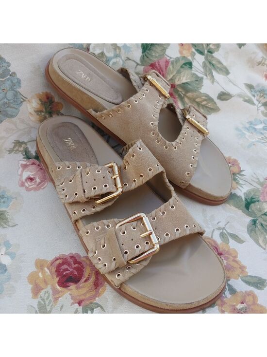 Zara Shoes - Zara Tan Suede Double Strap Slide Sandals with Gromets Women's size US 11 Euro 4